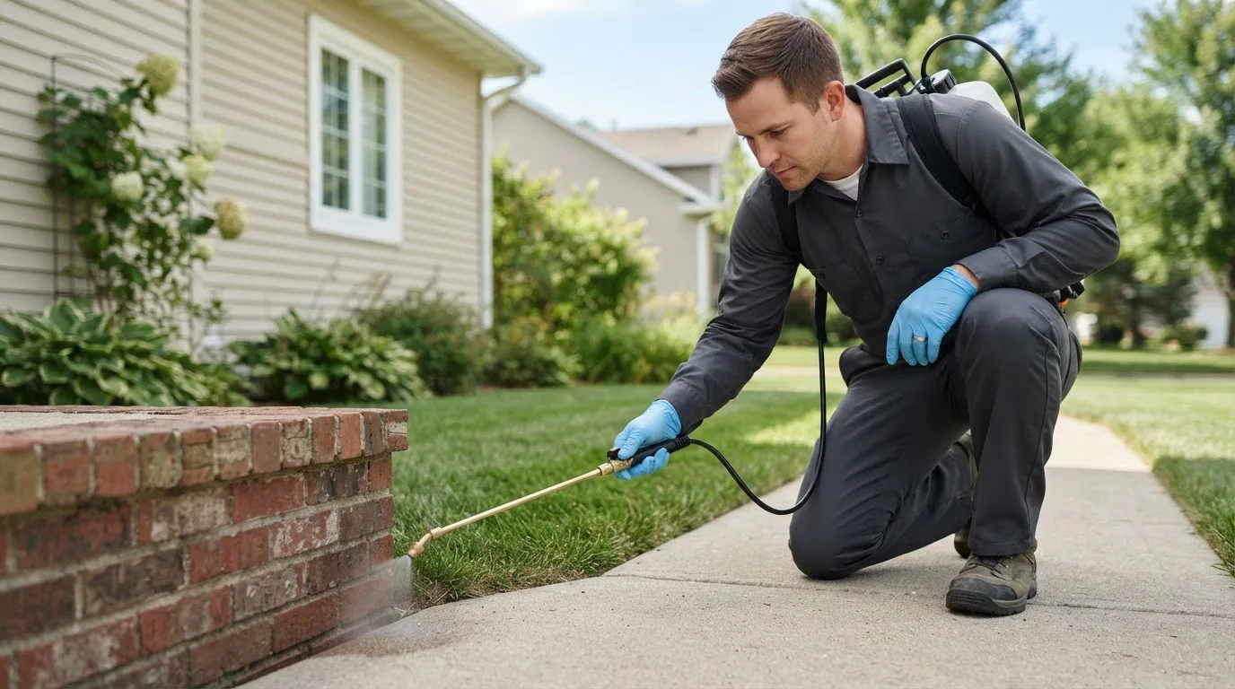 Pest control technician treating a home near Amherst, NE
