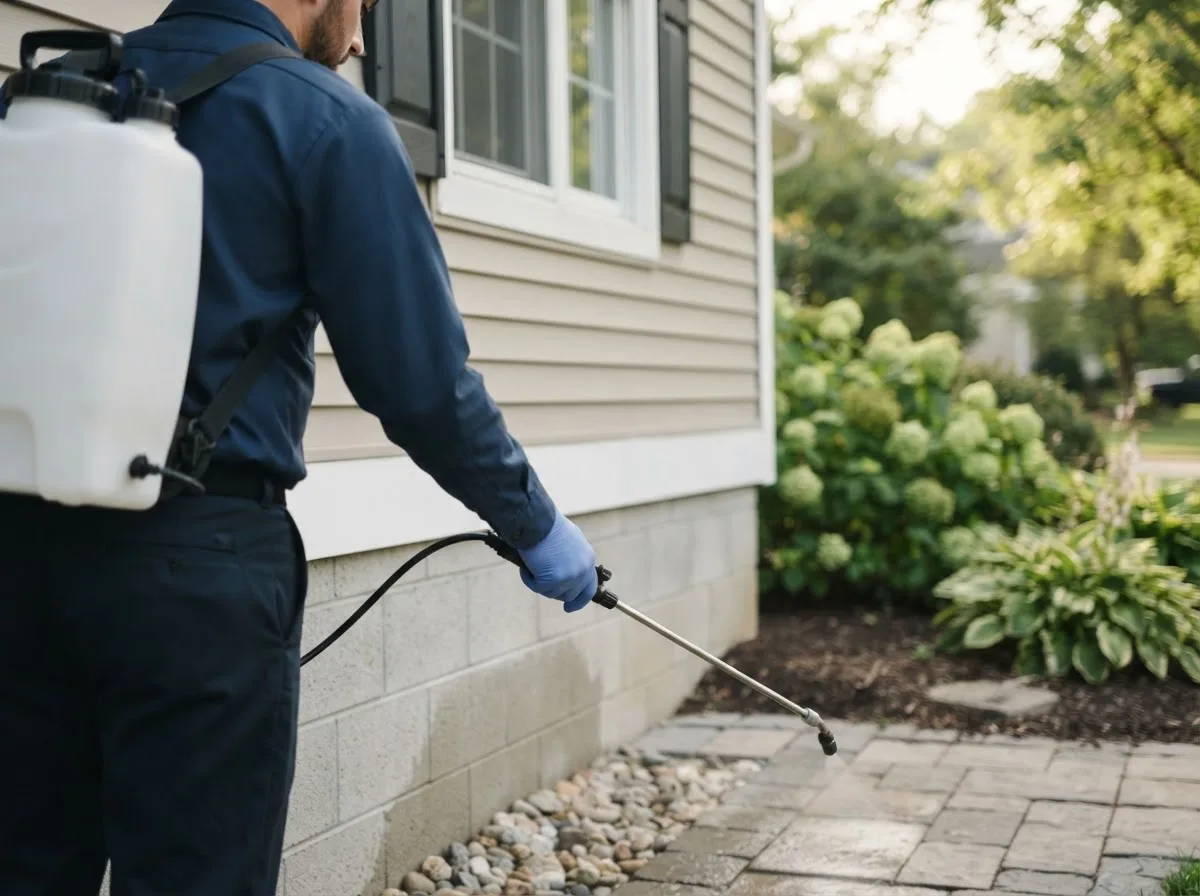 Pest control technician inspecting a home in Amherst, NE
